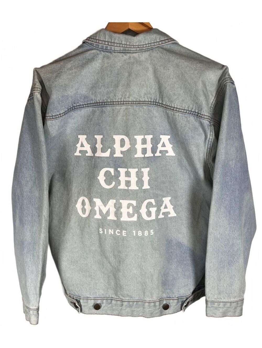 Alpha Chi Omega Light Wash Denim Jacket Vintage Oversized Sorority Graphic S